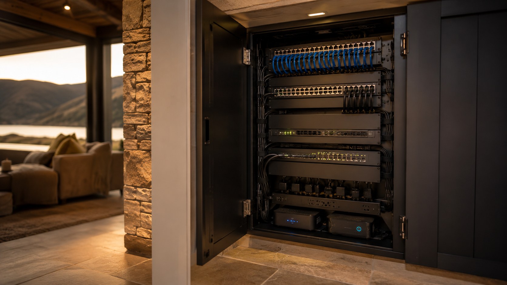 Professional network rack with switches and organised cabling